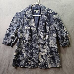 Coldwater Creek Blazer Womens Sz 10 Blue Abstract Print Linen 3/4 Sleeve